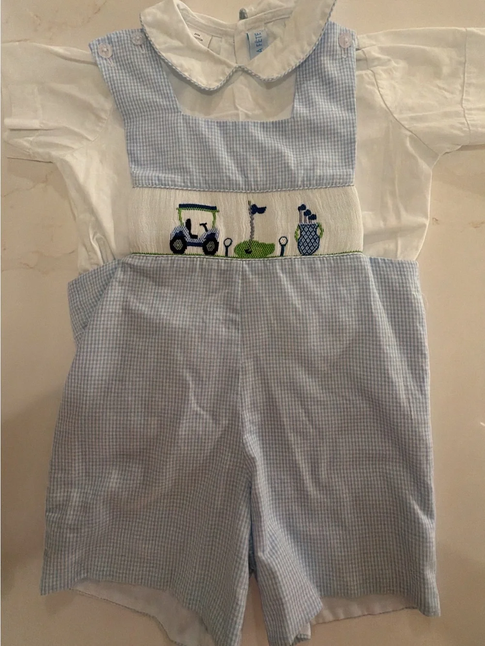 Baby Boys Light Blue Gingham Golf Smocked One-Piece. EUC (worn only once)